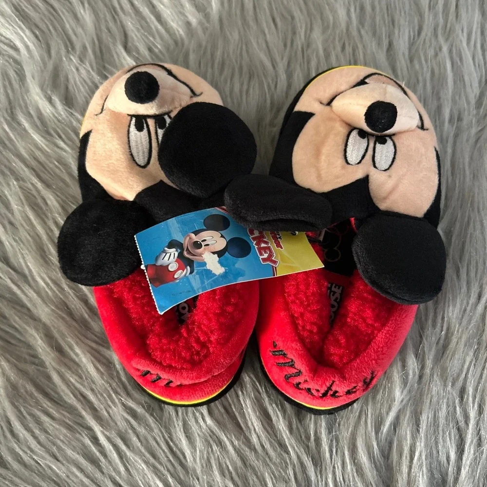 Disney Junior Mickey Mouse Slippers Toddler Boys Size 9-10 Red Slip On Shoes